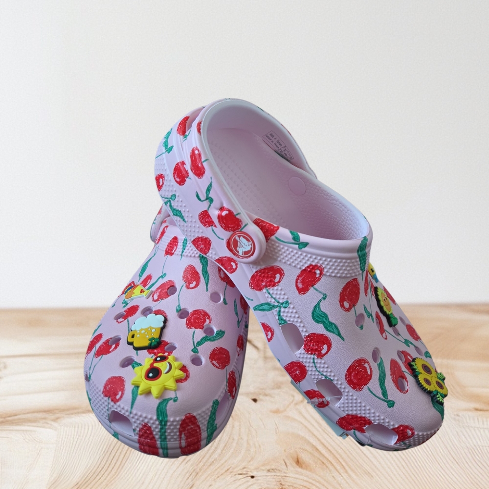 Cherry Print Clogs with Floral Charms